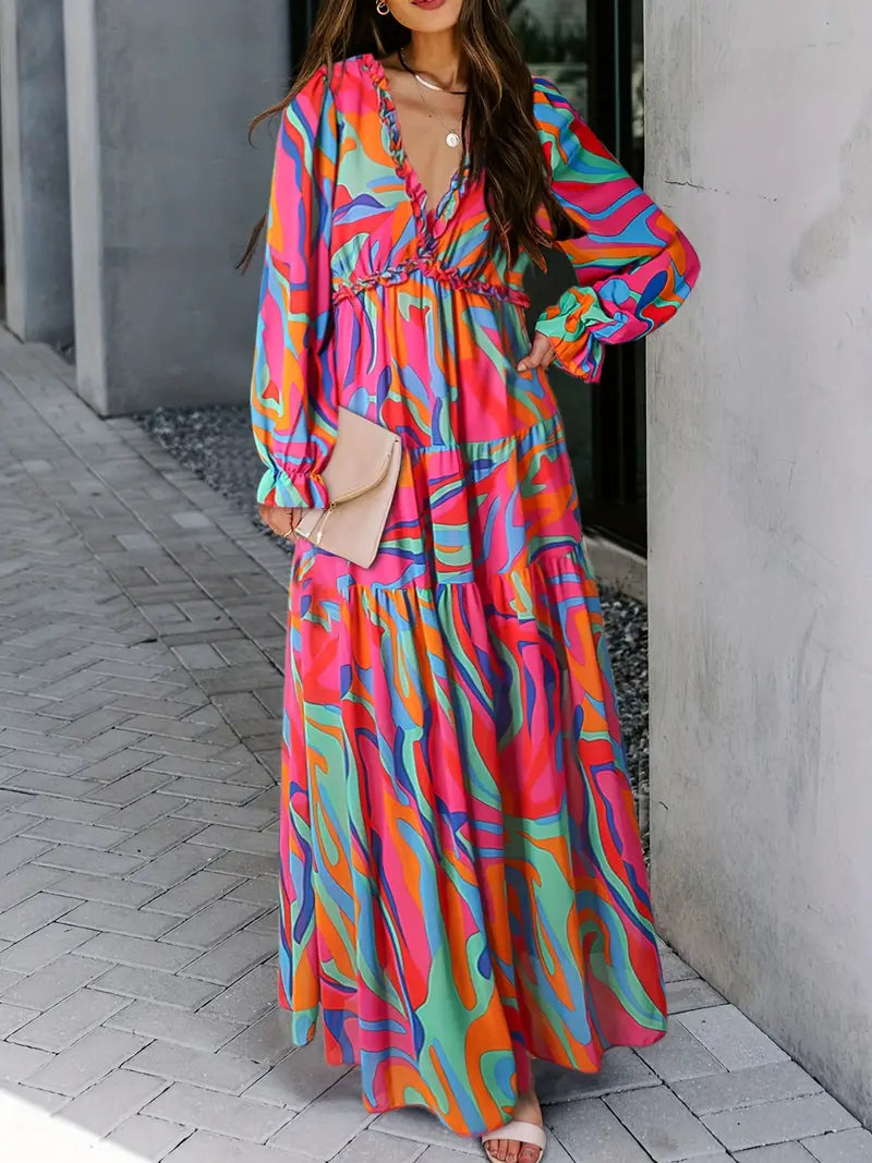 Colorful abstract floral maxi dress with V-neck and long sleeves