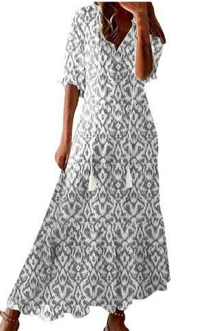 Gray boho maxi dress with short sleeves and ikat-style diamond pattern