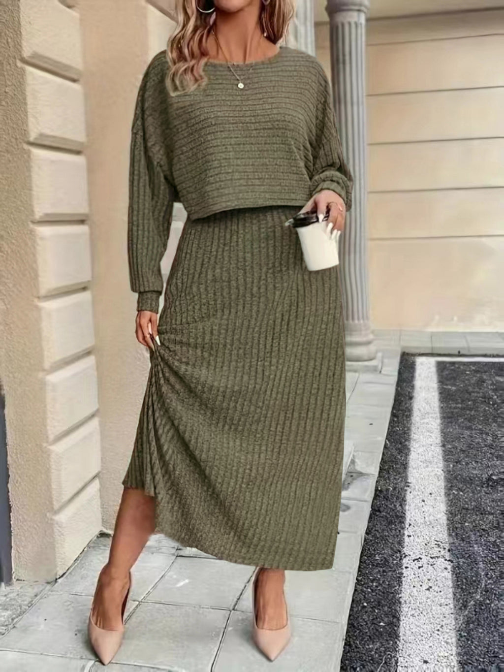 Olive green knit co-ord set with cropped long-sleeve top and midi pencil skirt