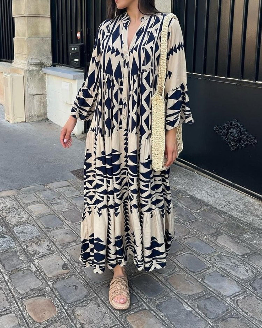 Women’s maxi dress with long sleeves, V-neck, blue and cream geometric print