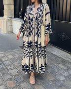 Women’s maxi dress with long sleeves, V-neck, blue and cream geometric print