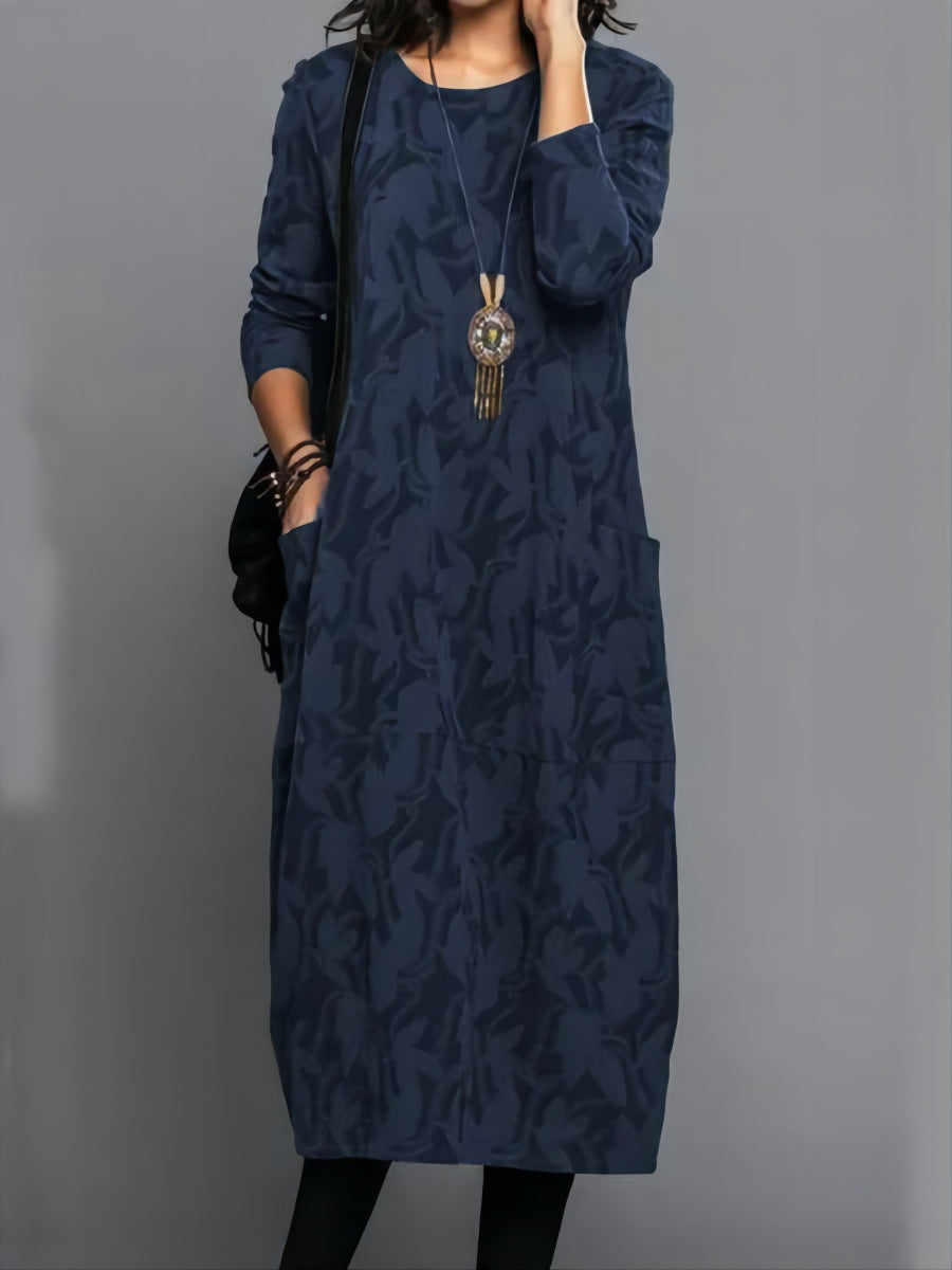Navy printed long-sleeve midi dress, round neck, patch pockets and straight fit