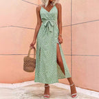 EIRINI green patterned maxi dress with V-neck, tie waist, and front side slit