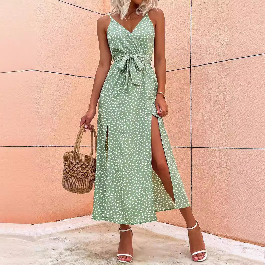 EIRINI green patterned maxi dress with V-neck, tie waist, and front side slit