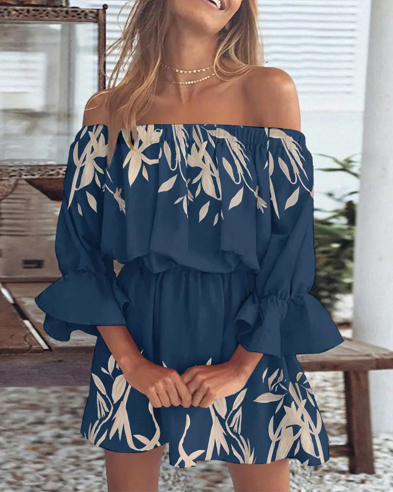 IRCA off-shoulder summer dress in navy with white leaf print, layered ruffle sleeves