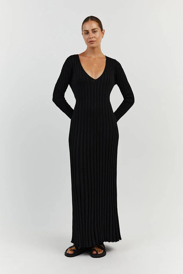 Black V-neck midi dress with long sleeves and vertical ribbed lines