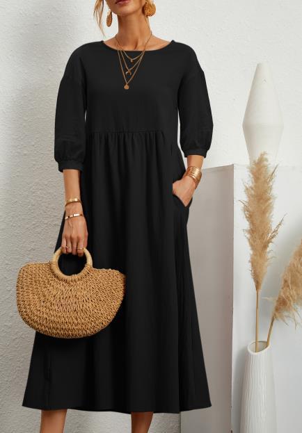 WEGAHTA long dress in black with gathered waist and 3/4 puff sleeves