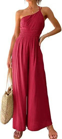 Watermelon red halter-neck wide-leg jumpsuit with smocked bodice and elastic waist