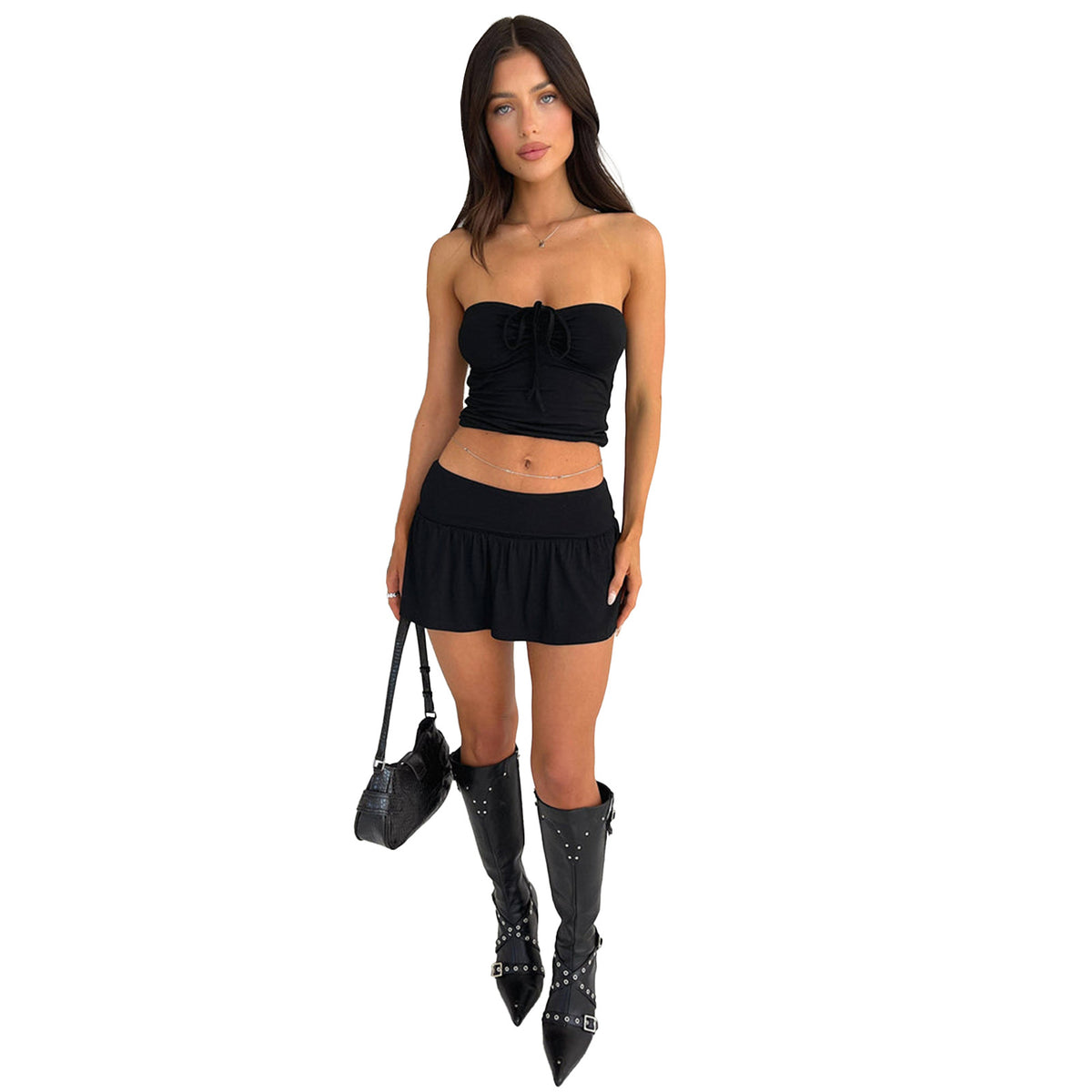 Black strapless ruched crop top and matching mini skirt with drawstring and tie