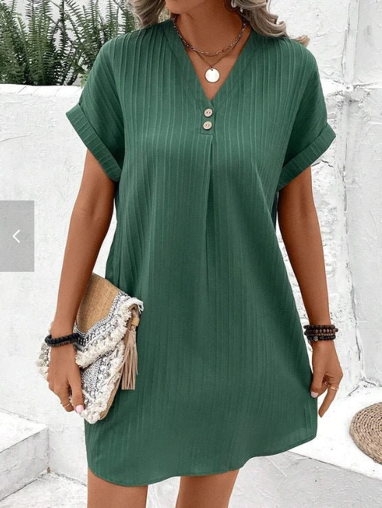 Green mini dress with V-neck button front, short sleeves, vertical stripe texture