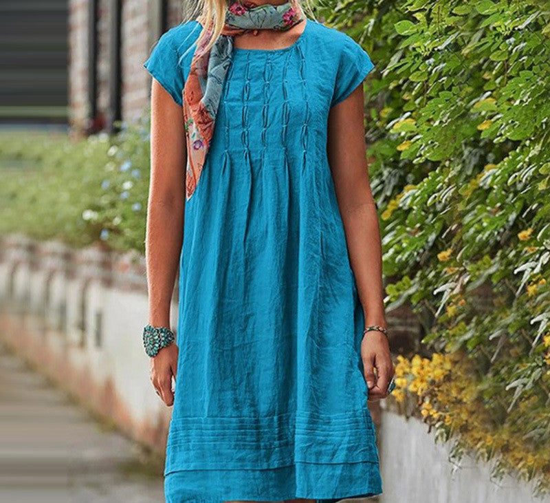 Women's short-sleeve summer dress, teal-blue tiered skirt and pintuck bodice
