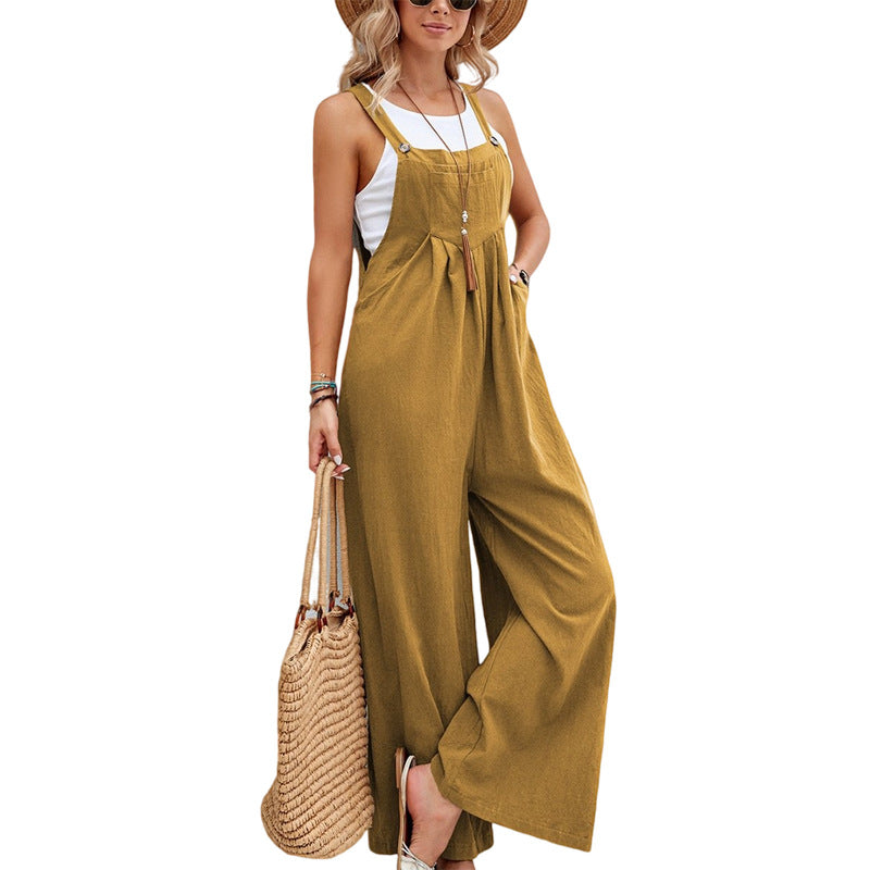 Women’s casual sleeveless jumpsuit in mustard yellow, tie-front straps and wide-leg pants