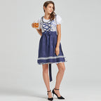 Blue and white folk dress with floral bodice, lace trim, navy skirt and waist bow ties
