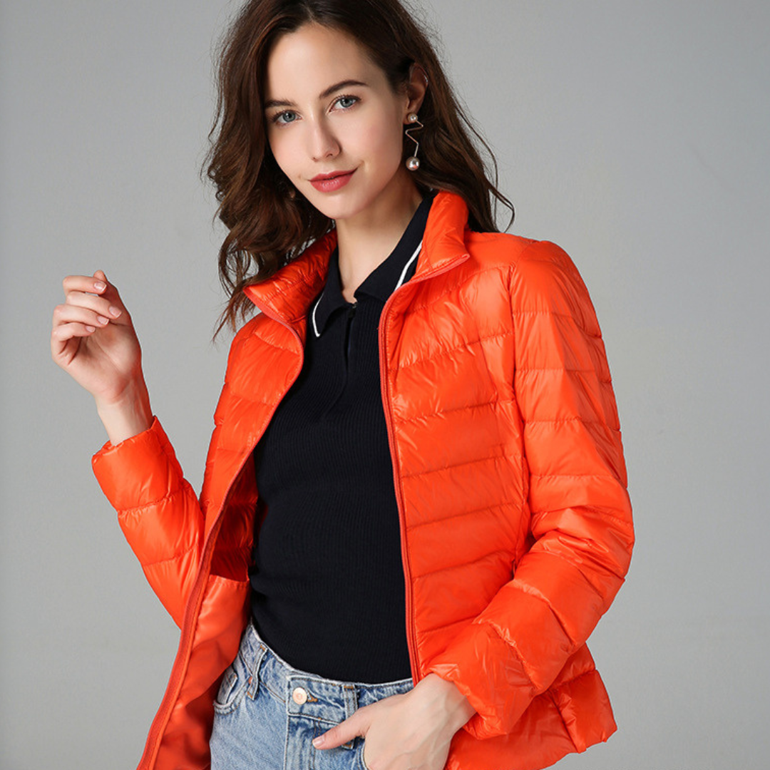 Tess quilted puffer light jacket, full-zip, stand collar, orange.