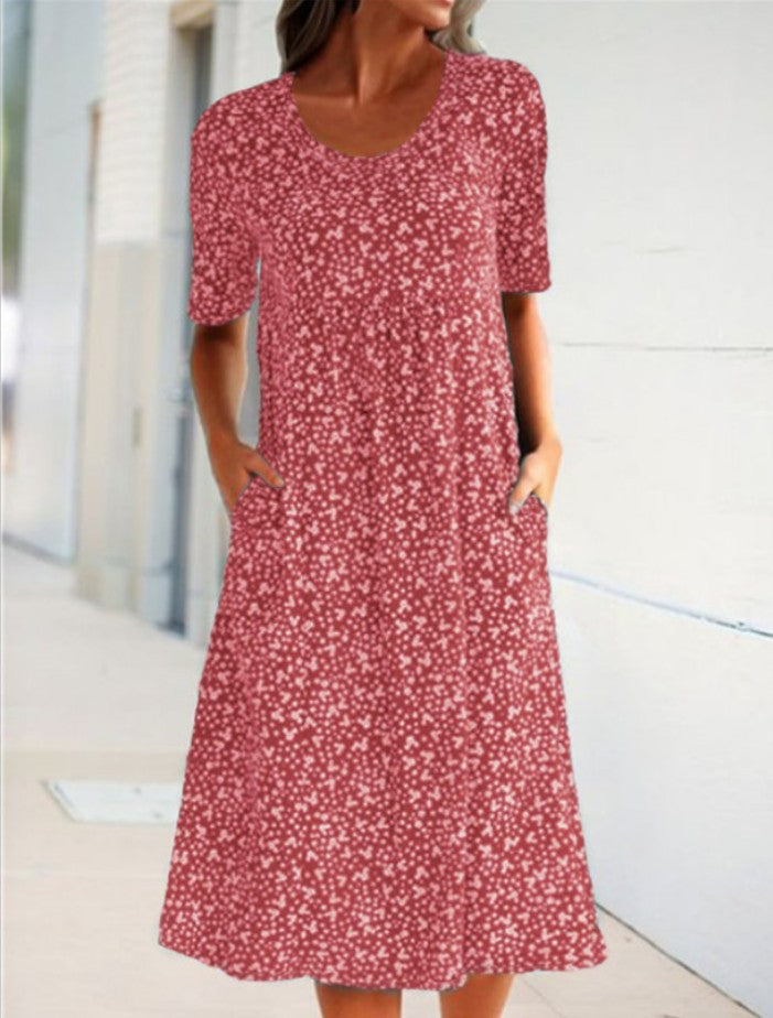 Red floral midi dress with short sleeves and scoop neckline