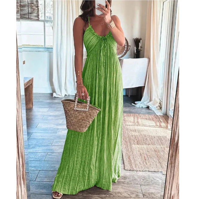 Bright green striped maxi dress with thin straps and gathered bodice