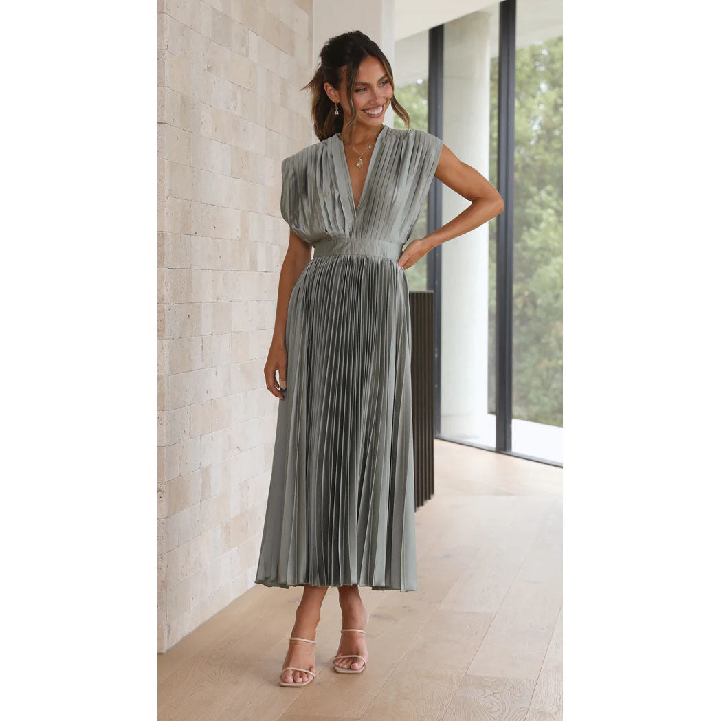Gray pleated maxi dress with V-neck, gathered waist, and short puff sleeves