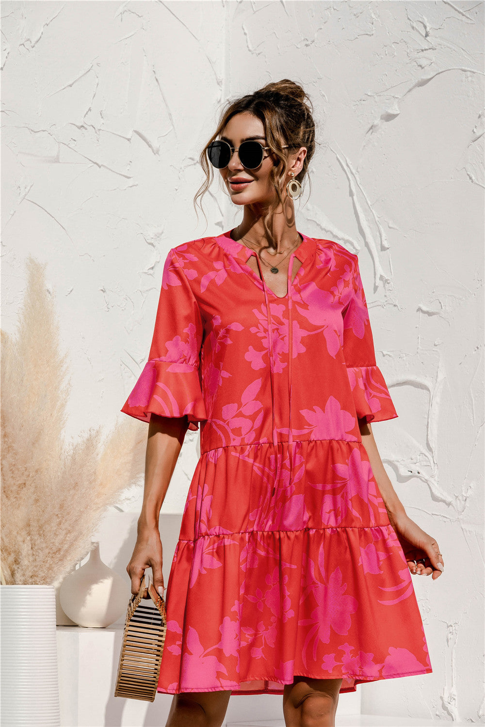 MONA summer dress in pink floral print, V-neck, short ruffled sleeves, tiered skirt