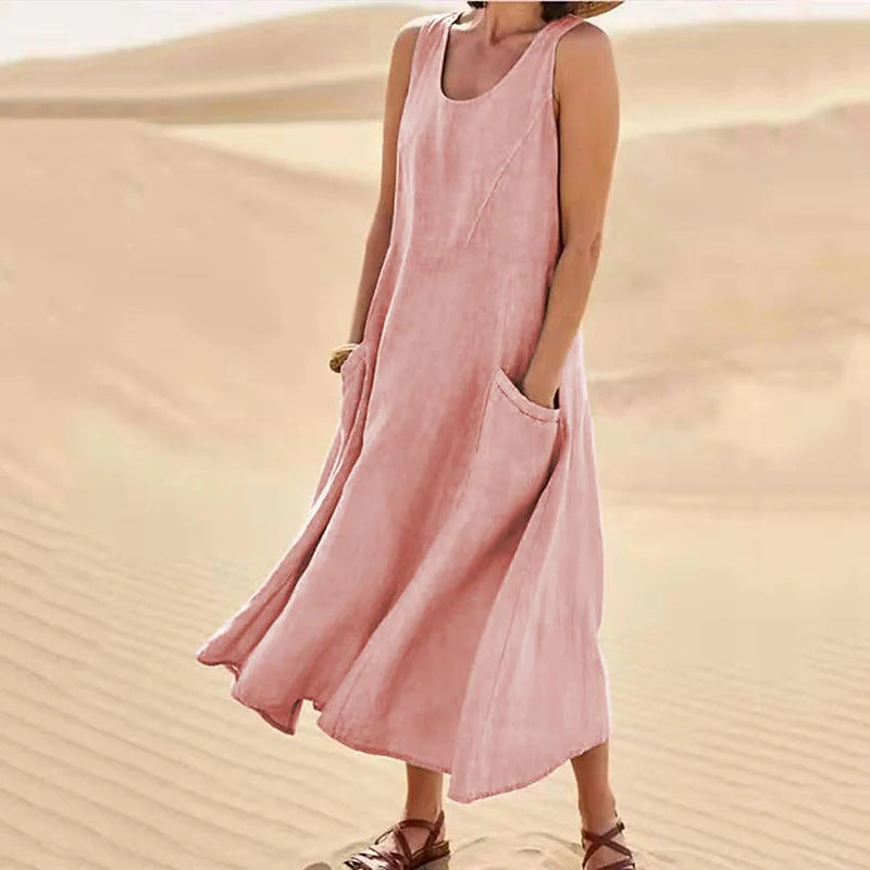 OONA sleeveless long summer dress in dusty pink, round neckline and side pocket