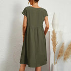 Olive green short-sleeve midi dress with gathered waist, back view