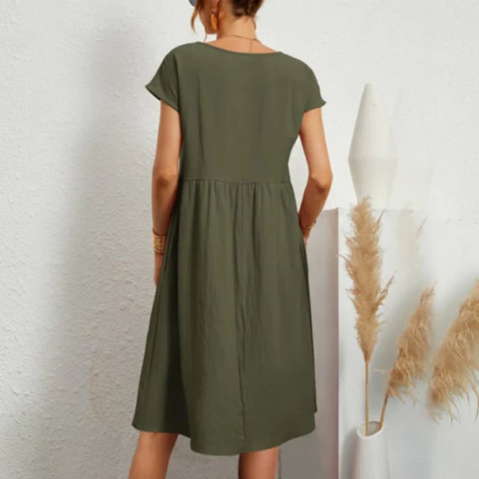 Olive green short-sleeve midi dress with gathered waist, back view