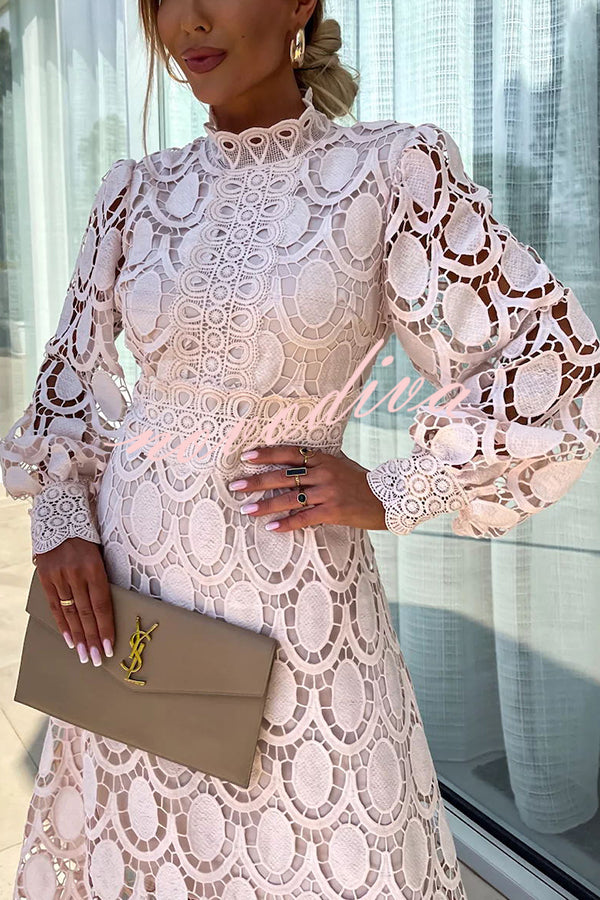 Charlene™ elegant lace midi dress in pale pink, long puff sleeves, high neck
