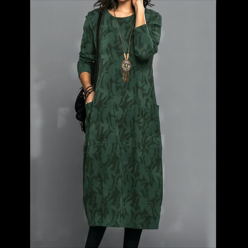 Green printed long-sleeve midi dress with round neckline and side patch pockets