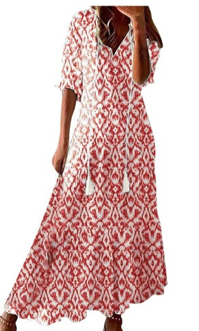 Red boho maxi dress with short sleeves and ikat-style diamond pattern