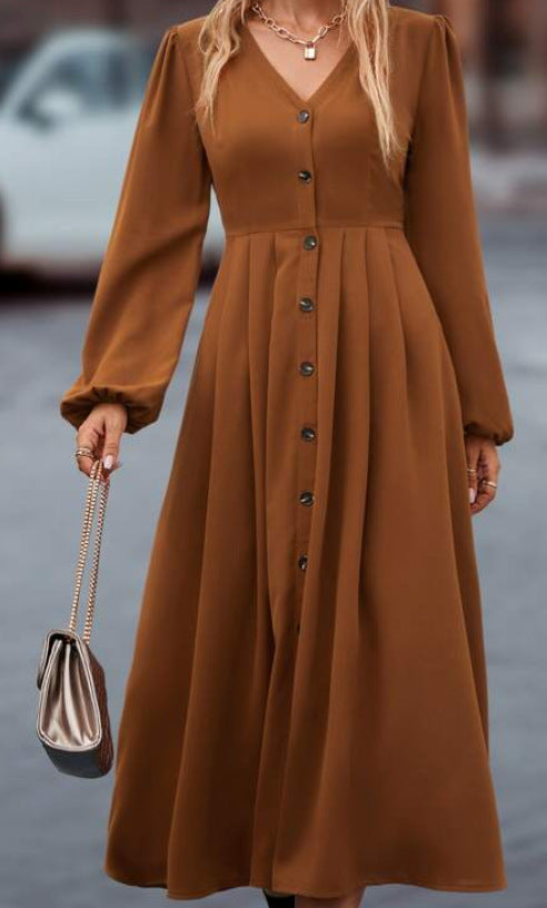 Brown elegant midi dress with V-neck, button front, and flowing gathered skirt