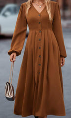 Brown elegant midi dress with V-neck, button front, and flowing gathered skirt