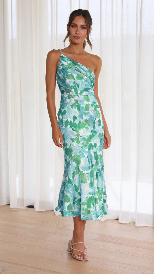 Floral one-shoulder midi dress, sleeveless, teal-green and aqua with draped bodice