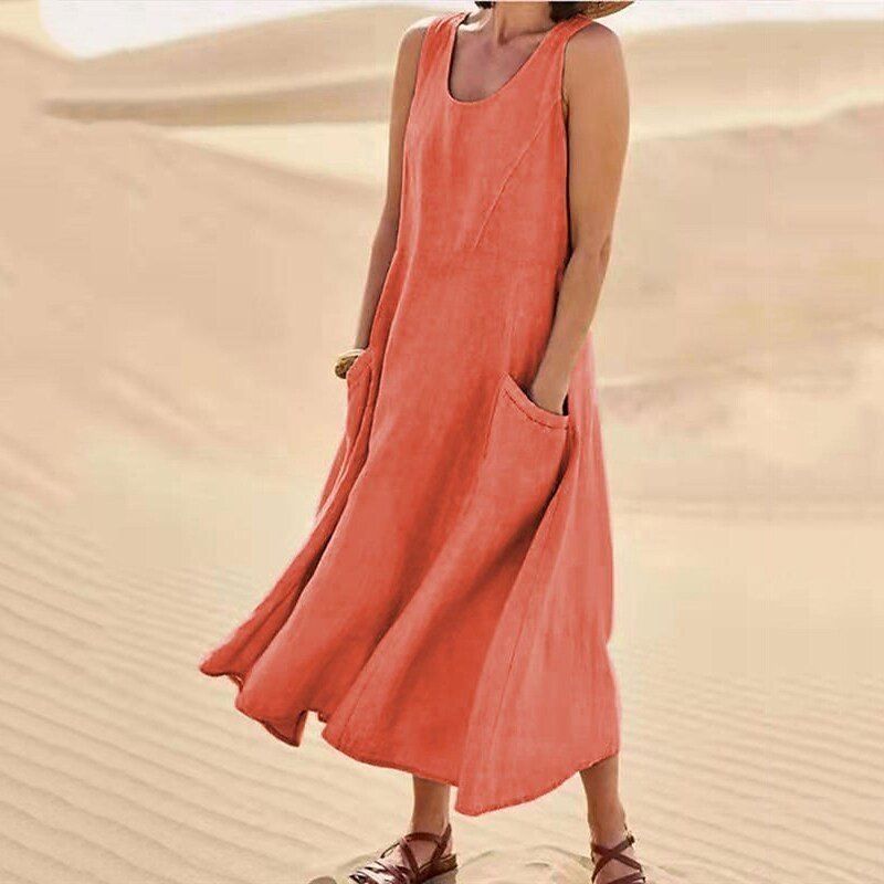 OONA sleeveless long summer dress in coral orange, round neckline and side pocket