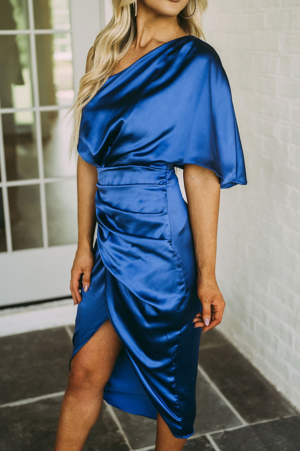 ALBA satin one-shoulder mini dress, dark blue, ruched waist and asymmetrical neckline