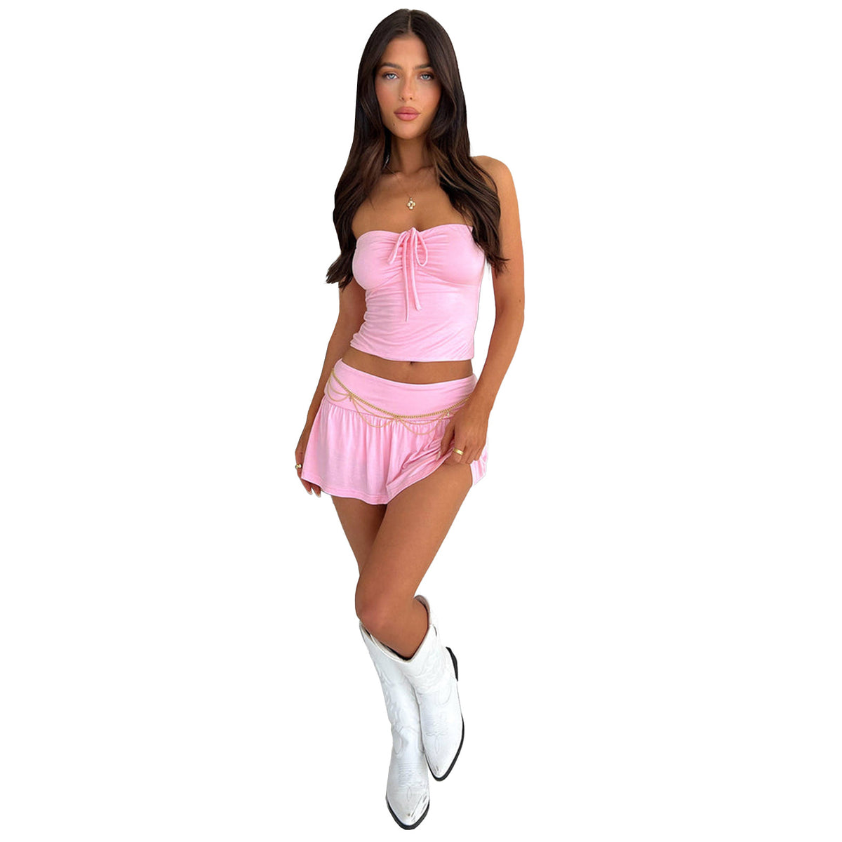 Pink strapless ruched crop top and matching mini shorts set with gathered waist