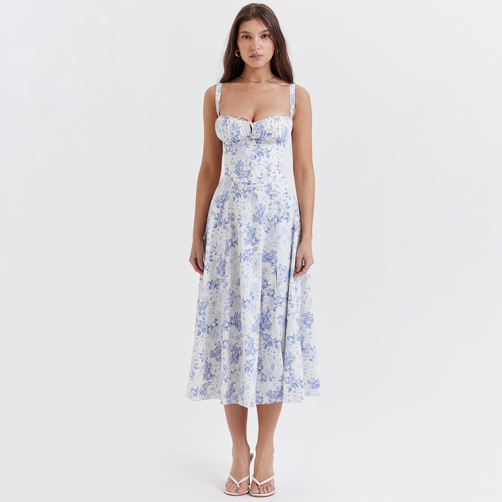 Elegant midi dress in light blue with floral print and ruched sweetheart neckline