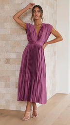 Purple pleated maxi dress with V-neck, gathered waist, and short puff sleeves
