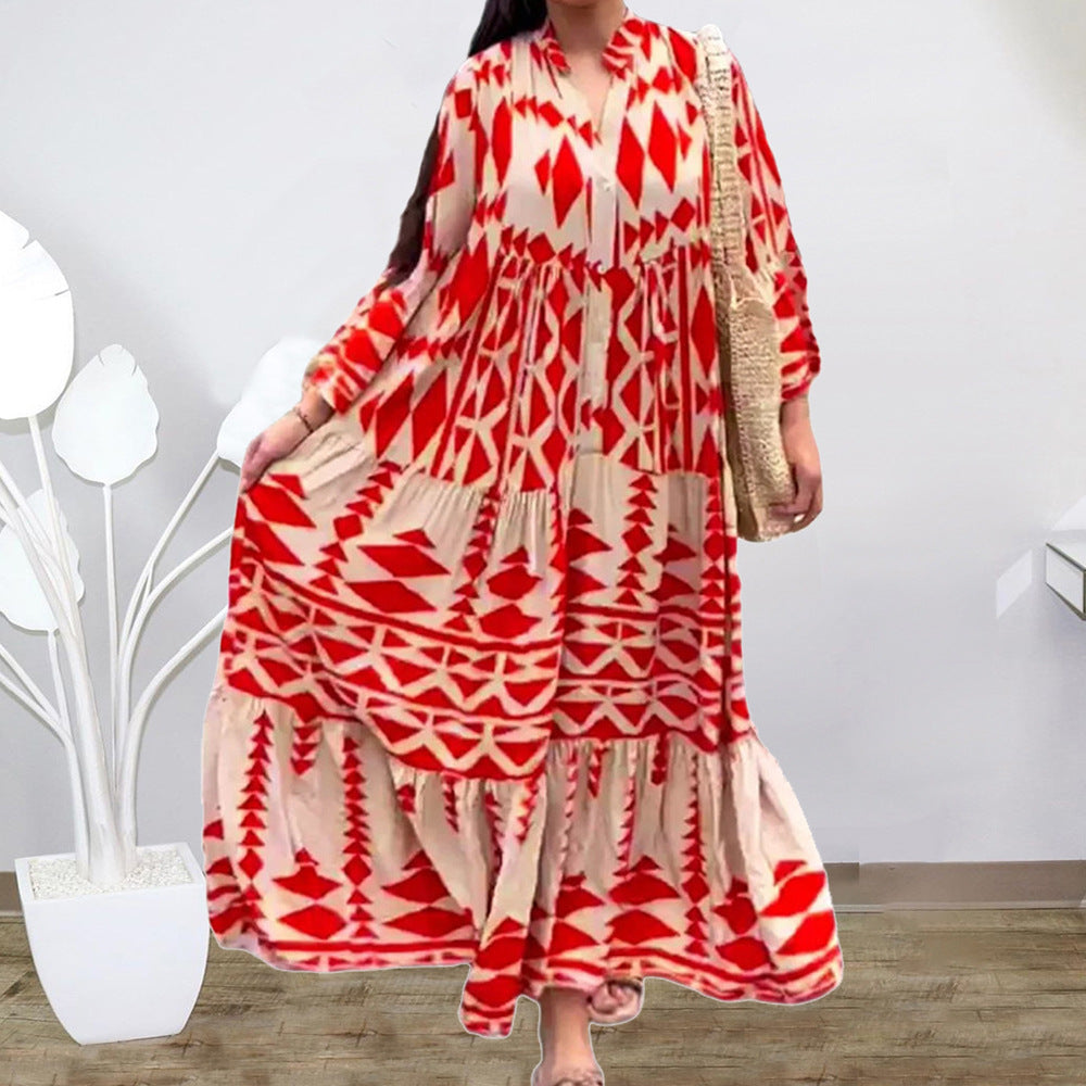 Women’s maxi dress with long sleeves, V-neck, red and white geometric print