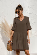 MONA summer dress in dark green, V-neck, short ruffled sleeves, tiered skirt