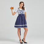 Blue and white folk dress with floral bodice, corset lacing, navy skirt and lace trim