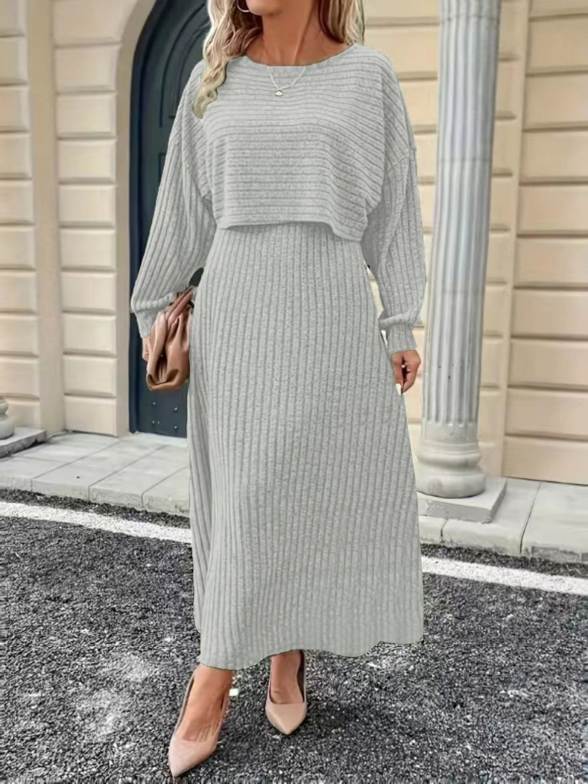 Light gray knit co-ord set with cropped long-sleeve top and fitted midi skirt