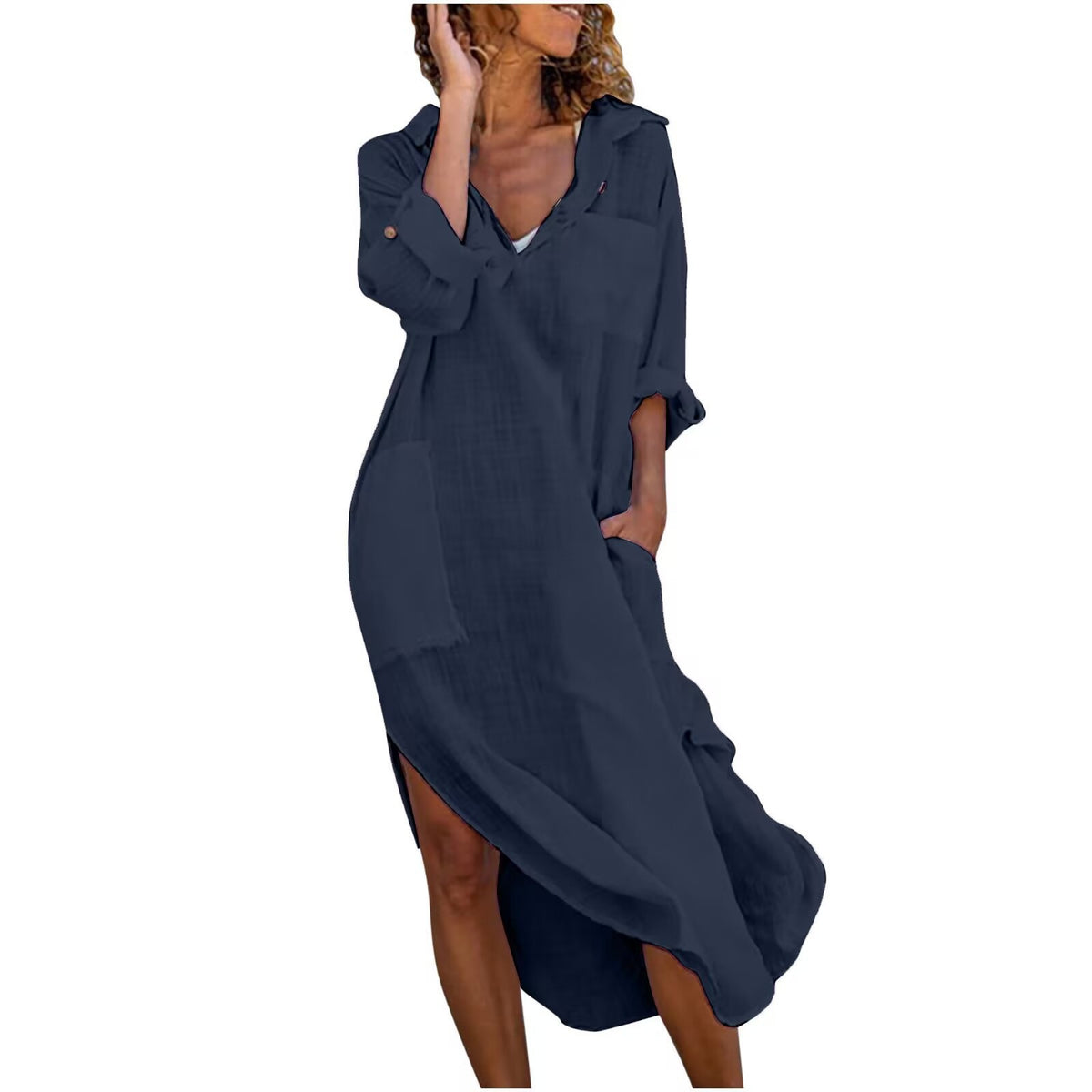 Navy maxi summer dress with V-neck and three-quarter sleeves, side slit