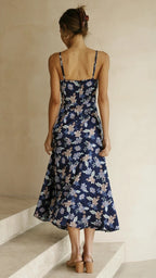 Navy floral georgette midi dress, spaghetti straps, open back, flared hem