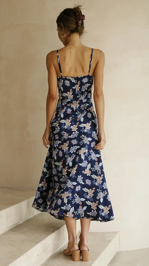 Navy floral georgette midi dress, spaghetti straps, open back, flared hem