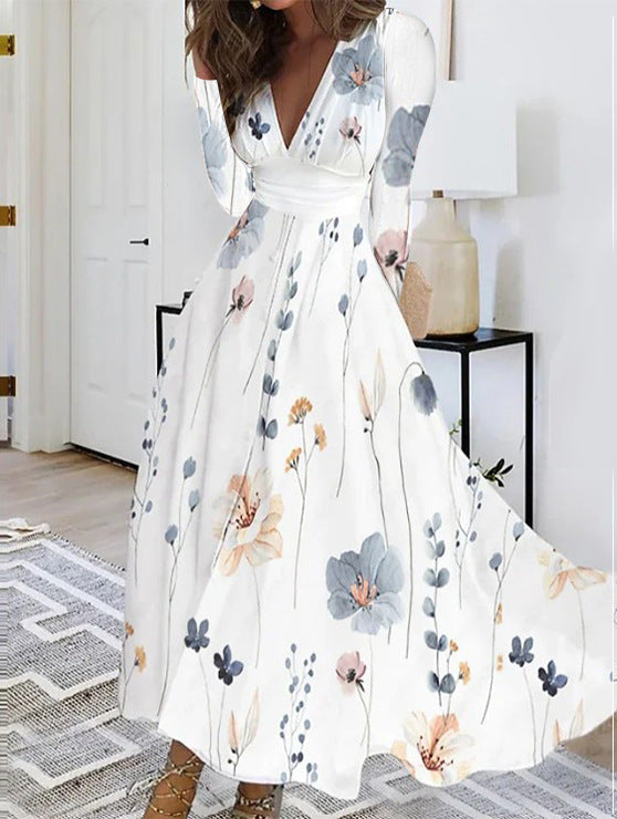 JULISSA white multicolor floral V-neck maxi dress with long sleeves