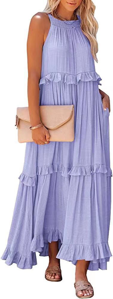 Light blue tiered maxi dress with ruffled layers and sleeveless high neckline