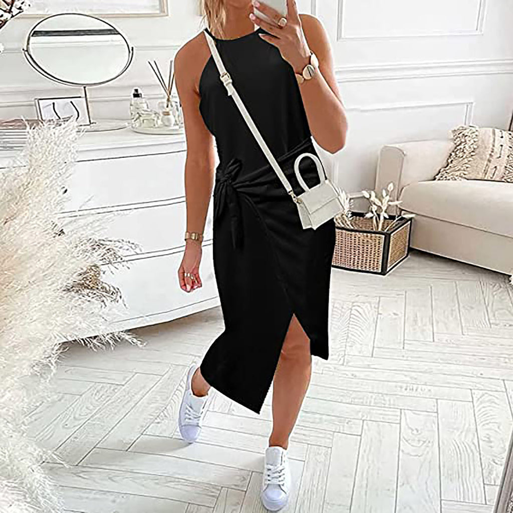 Sleeveless solid midi dress in black with drawstring waist and side slit