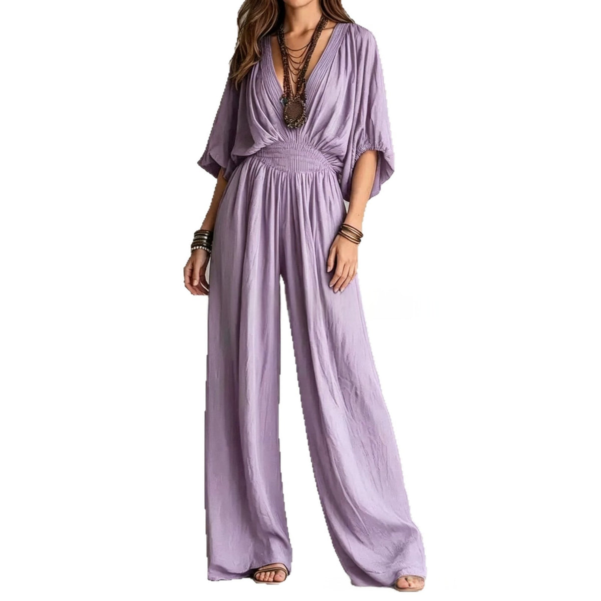 Light purple V-neck wide-leg jumpsuit with elastic waist and draped short sleeves