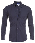 Navy zip-front button-up shirt with long sleeves and stand collar