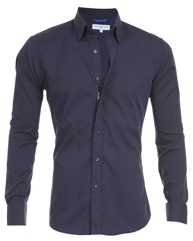Navy zip-front button-up shirt with long sleeves and stand collar