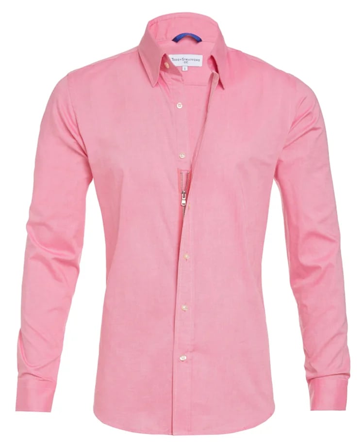 Pink stretch zip shirt with point collar, button-front, long sleeves, zipper pull